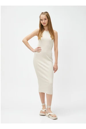 Koton Crew Neck Plain Beige Long Women's Dress