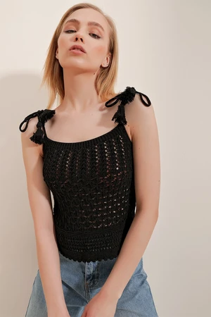 Trend Alaçatı Stili Women's Black Knitwear Blouse with Rope Straps and Tassel Detail, Openwork