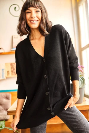 Olalook Women's Black 5 Buttons Soft Textured Oversized Knitwear Cardigan