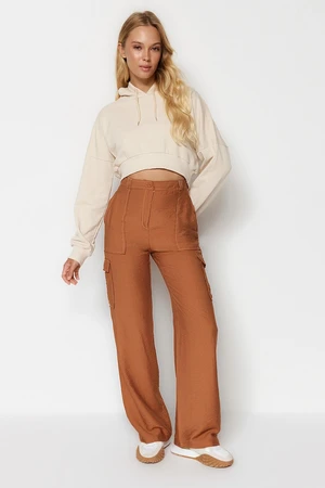 Trendyol Light Brown Cargo Wide Leg Woven Trousers with Contrast Stitching