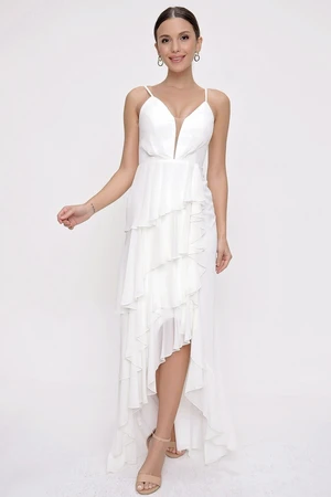 By Saygı Tiered Ruffles Lined Chiffon Long Dress Ecru