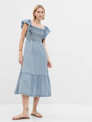 Light Blue Women's Denim Midi Dress with Ruffles GAP