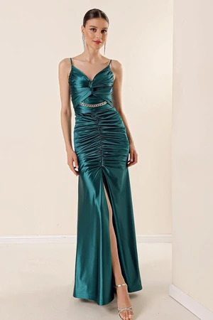 By Saygı Rope Straps Draped Front with Chain Accessories and a Lined Satin Long Dress with a Front Slit Emerald