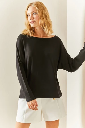 XHAN Black Boat Collar Loose Blouse