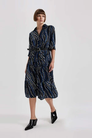 DEFACTO Shirt Collar Printed Midi Long Sleeve Dress