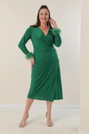 By Saygı Plus Size Dress With Double Breasted Collar, Lined Sleeves and Pile Lycra.