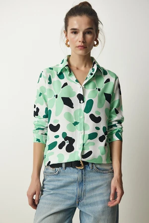 Happiness İstanbul Women's White Green Patterned Viscose Woven Shirt