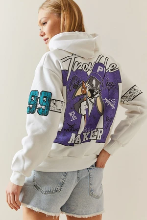 XHAN White Tiered & Back Printed Hooded Sweatshirt