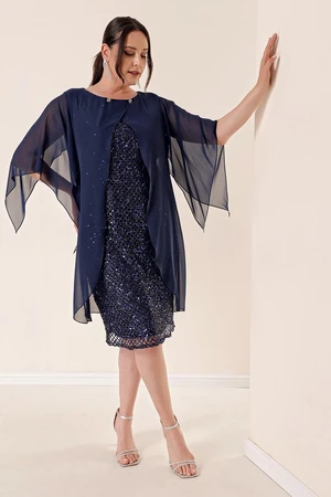 By Saygı Navy Blue Chiffon Cape Lined Stuffed Plus Size Dress