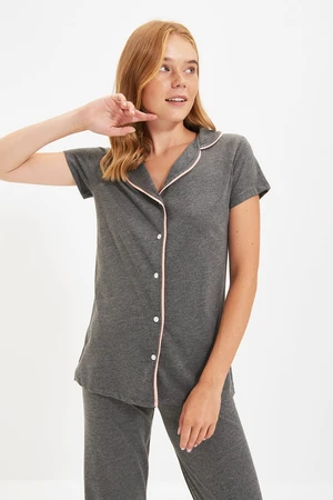 Trendyol Anthracite Cotton Piping Detailed Shirt-Pants Knitted Pajama Set