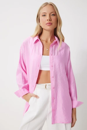 Happiness İstanbul Women's Pink Oversize Long Linen Ayrobin Shirt