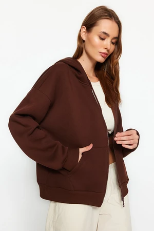 Trendyol Brown Oversize/Comfortable Fit Basic Hooded Knitted Sweatshirt with Fleece Inside