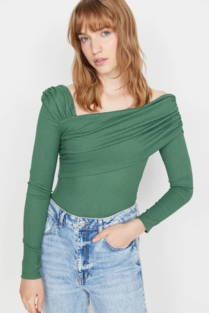 Trendyol Emerald Green Asymmetric Collar Draped Fitted/Situated Crepe Knitted Bodysuit