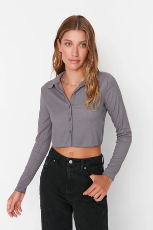 Trendyol Gray Button Fitted Polo Neck Ruffle/Textured Crop Knitted Blouse