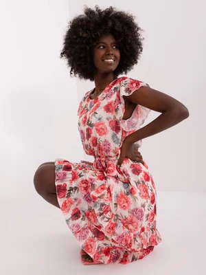 Light beige and red floral dress with belt