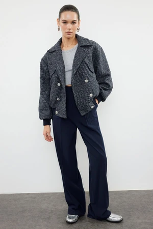 Trendyol Navy Blue Oversize Tweed Bomber Jacket Coat