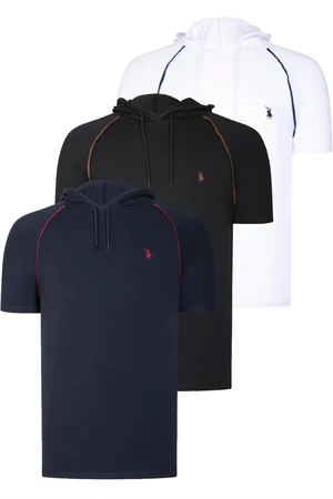 TRIPLE SET T8570 DEWBERRY HOODED MEN'S T-SHIRT-NAVY BLUE-WHITE-BLACK