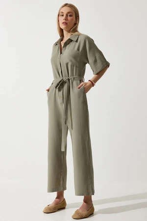 Happiness İstanbul Women's Khaki Premium Belted Muslin Jumpsuit