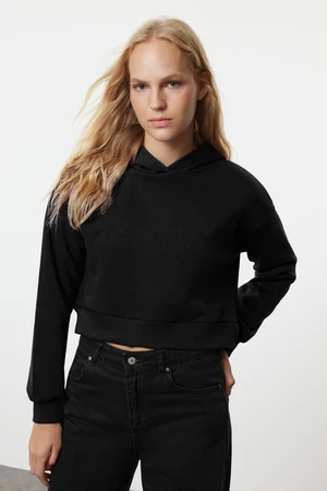 Trendyol Black Thick Fleece Hooded Relaxed Cut Crop Basic Knitted Sweatshirt