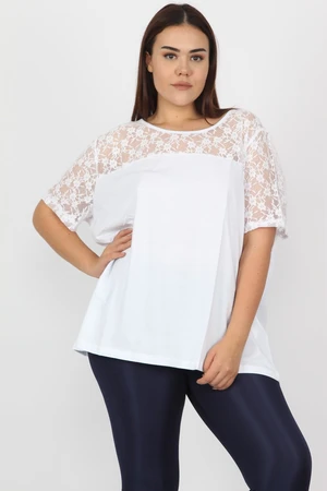 Şans Women's Plus Size White Cotton Fabric Lace Detail Blouse