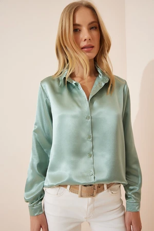 Happiness İstanbul Women's Turquoise Green Lightly Flowing Satin Finish Shirt