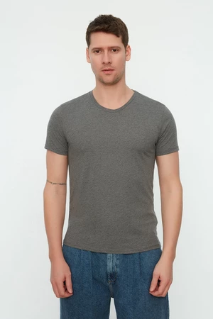 Trendyol Anthracite Basic Slim V-Neck Short Sleeved 100% Cotton T-Shirt