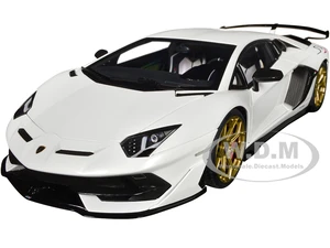 Lamborghini Aventador SVJ Bianco Asopo Pearl White with Gold Wheels 1/18 Model Car by Autoart