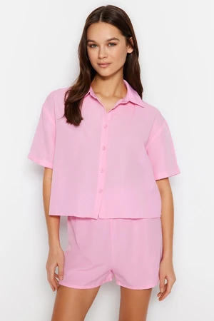 Trendyol Light Pink Elastic Detailed Shirt-Shorts Woven Pajamas Set