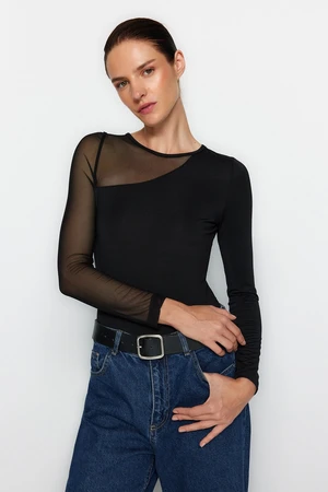 Trendyol Black Tulle Detailed Knitted Body with Snap fastener