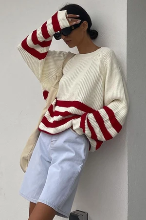 Madmext Mad Girls Ecru Striped Oversized Sweater