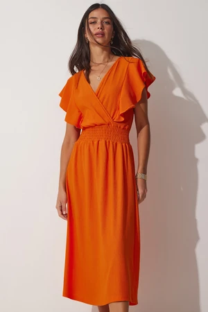 Happiness İstanbul Women's Orange Ruffle Textured Knitted Dress