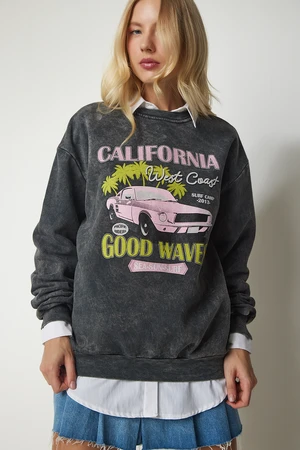 Happiness İstanbul Women's Anthracite Printed Oversized Shark Sweatshirt