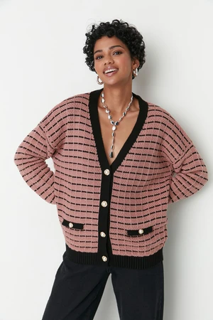 Trendyol Dried Rose Wide Fit Striped Knitwear Cardigan