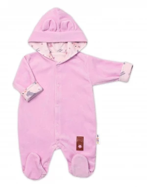 Semiškový, velurový overal s kapucí Baby Nellys Bunny II., růžový, vel. 86 (12-18m)