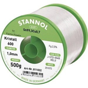 Stannol Kristall 600 Fairtin spájkovací cín bez olova bez olova Sn99,3Cu0,7 500 g 1 mm