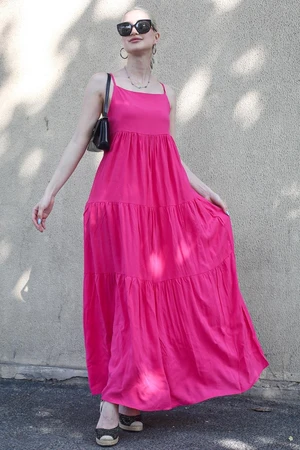 Madmext Pleated Fuchsia Backless Pleated Long Dress