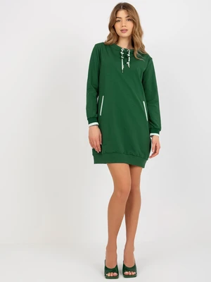 Women's Short Sweatshirt Basic Dress with Pockets - Green