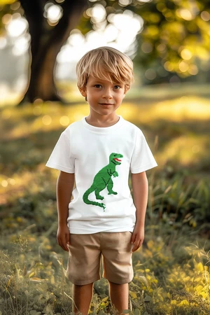 Trendyol White Boy's Dinosaur Sequined Short Sleeve Cotton Knit T-Shirt