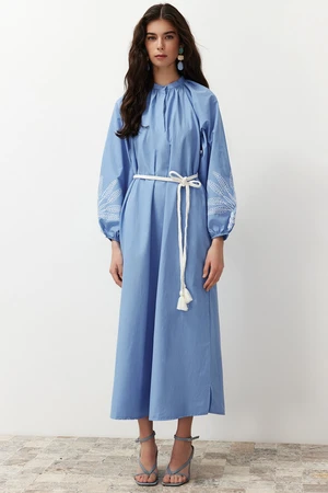 Trendyol Blue Sleeve Embroidered / Embroidered Balloon Sleeve Woven Dress