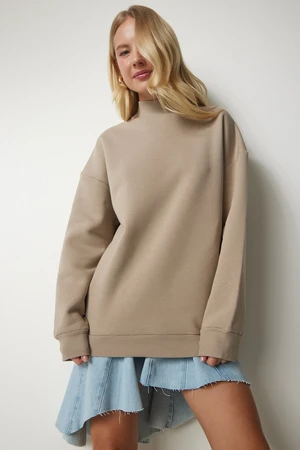 Happiness İstanbul Women's Mink High Neck Basic Raised Sweatshirt