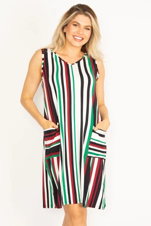 Şans Women's Plus Size Colorful Striped Dress With Pocket Detail