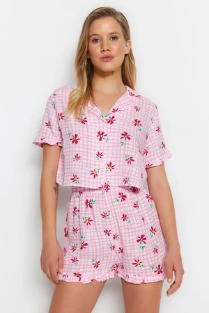 Trendyol Pink Floral Patterned Viscose Woven Pajama Set