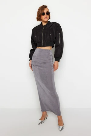 Trendyol Gray Premium with a Glossy Finish and Soft Textured Drape Maxi Knitted Skirt