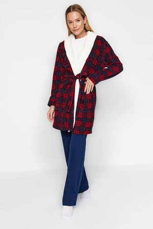 Trendyol Red Belted Plaid Patterned Fleece Knitted Dressing Gown