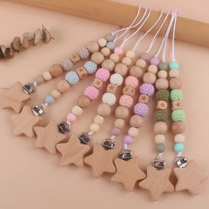 Wood Chew Silicone Bead Pacifier Clips Bracket Dummy Chain Holder Newborn Soother Chains Nipple Holder Baby Teething Toys Gifts