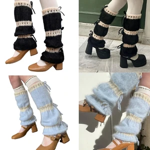 Womens Lolitas Knit Long Socks Y2K Lace Up Leg Warmers Harajuku Booties Socks