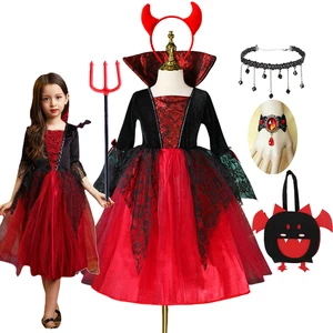 Vampire Costume for Girls Halloween Princess Party Dress Kids Cosplay Dresses Children Stand Collar Tulle Lace Black Red Clothes