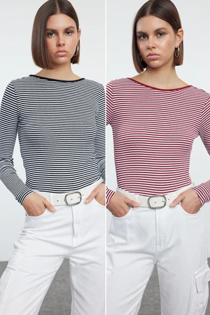 Trendyol Black and Red Striped Fitted Backless Ribbed Stretchy Knitted Blouse