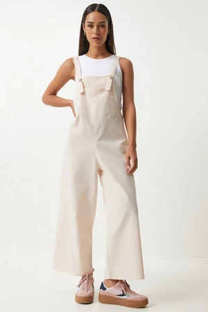 Happiness İstanbul Women's Cream Strappy Thin Gabardine Summer Gardener Overalls