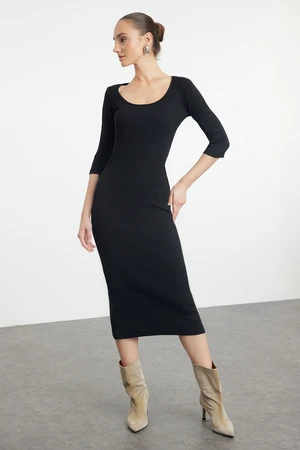 Trendyol Black Fitted Long Sleeve Crew Neck Maxi Stretchy Knitted Dress